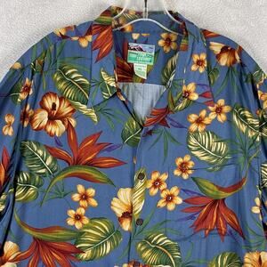 VTG Reyn Spooner Hawaiian Camp Shirt Mens XL Blue Floral Spun Rayon Aloha USA
